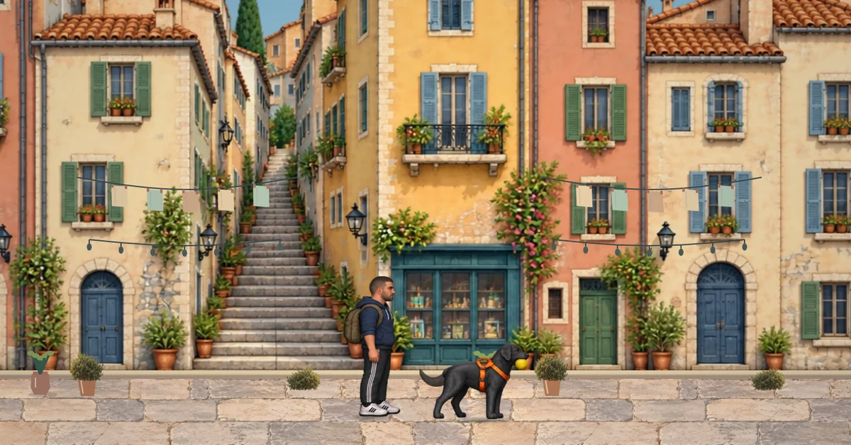 Thomas et Thor au Panier, devant les façades colorées — capture de Marseille, à petits pas, en ambiance de jour simulée.